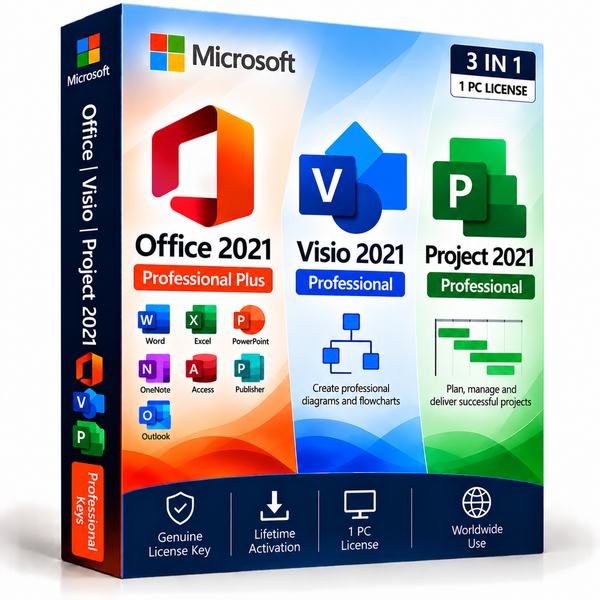Office 2021 Professional Plus, Visio 2021 and Project 2021 Professional 3-in-1 bundle box