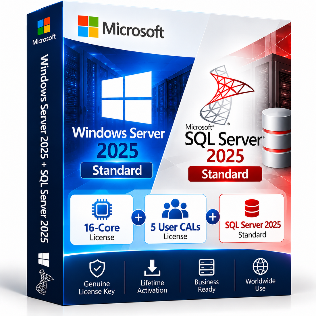 Windows Server 2025 Standard 16-core, 5 User CALs and SQL Server 2025 Standard bundle box